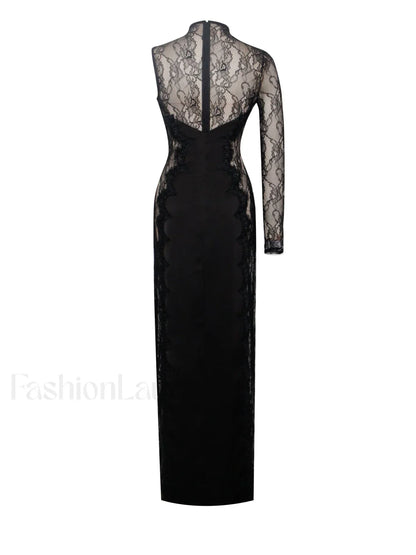 Weslyn Black Satin Charming Lace High Slit Dress