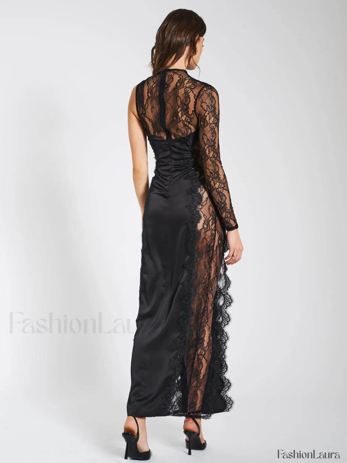 Weslyn Black Satin Charming Lace High Slit Dress
