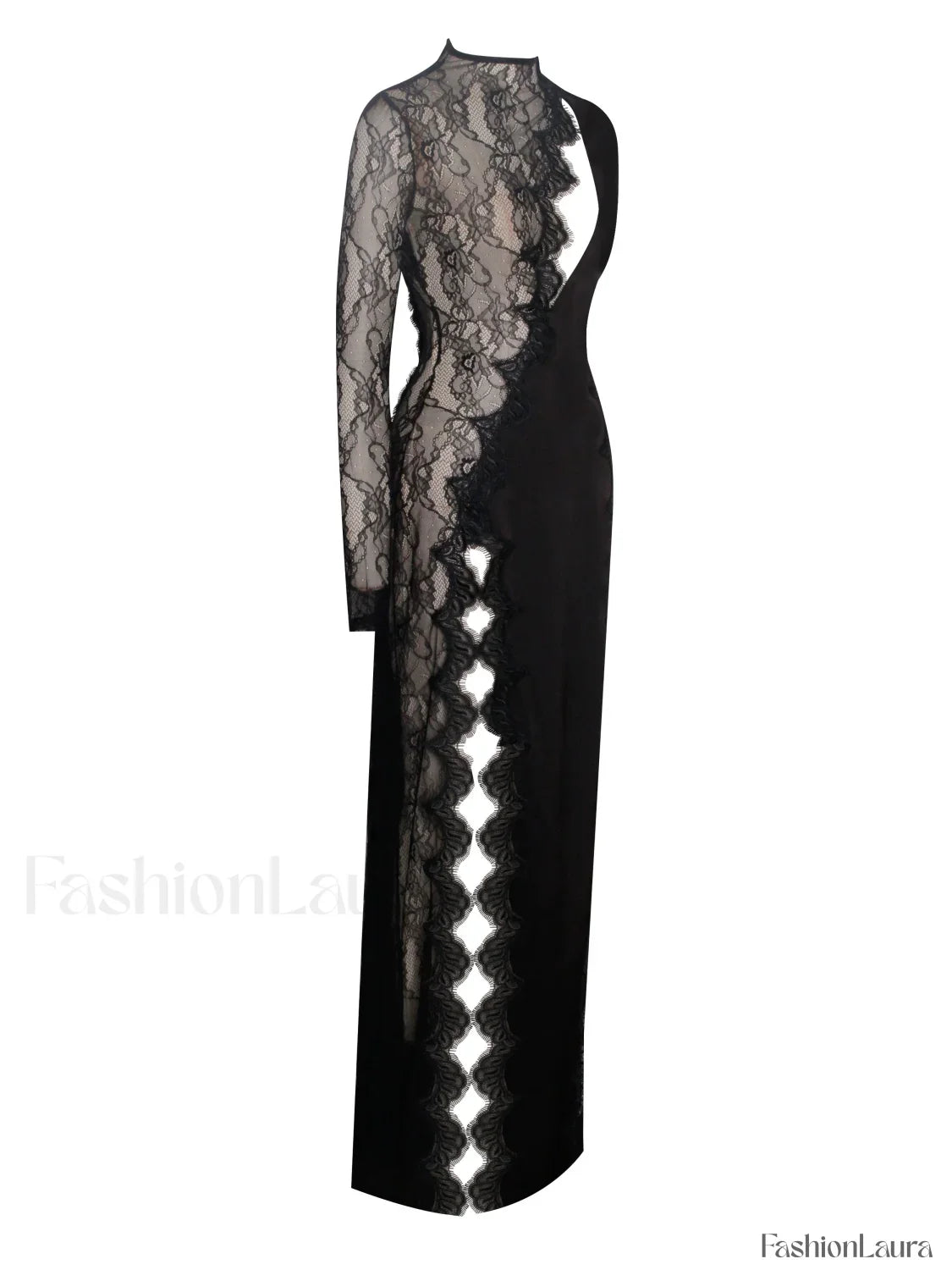 Weslyn Black Satin Charming Lace High Slit Dress