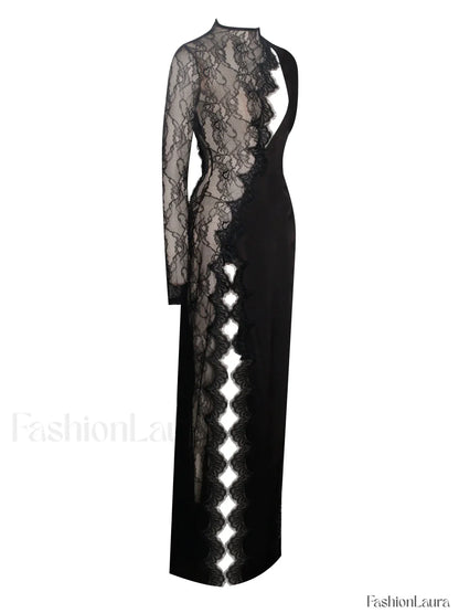 Weslyn Black Satin Charming Lace High Slit Dress