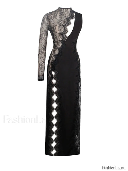 Weslyn Black Satin Charming Lace High Slit Dress