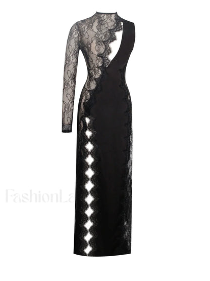 Weslyn Black Satin Charming Lace High Slit Dress