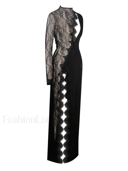 Weslyn Black Satin Charming Lace High Slit Dress