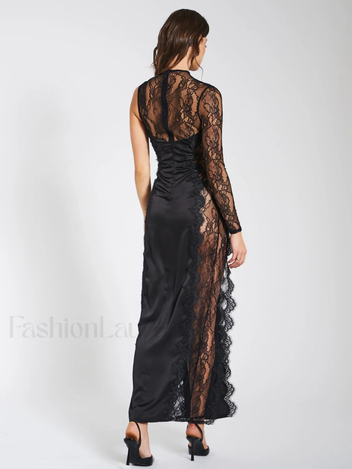 Weslyn Black Satin Charming Lace High Slit Dress