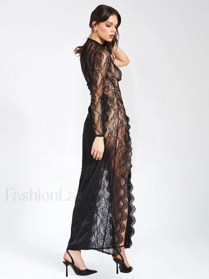 Weslyn Black Satin Charming Lace High Slit Dress