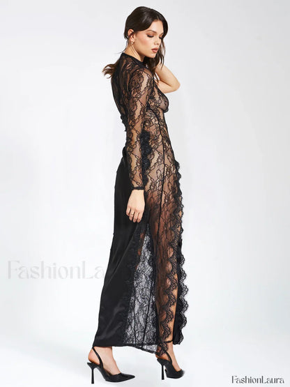Weslyn Black Satin Charming Lace High Slit Dress