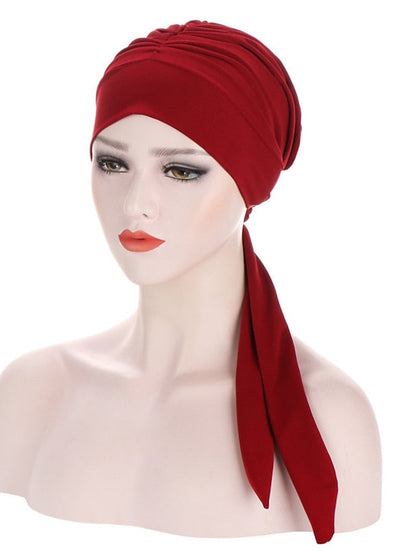 Muslim Women Stretch Solid Wrinkle Turban Hat Cancer Chemo Beanies Caps Pre-Tied Scarf Headwear Headwrap Simple Hair Accessories for Women