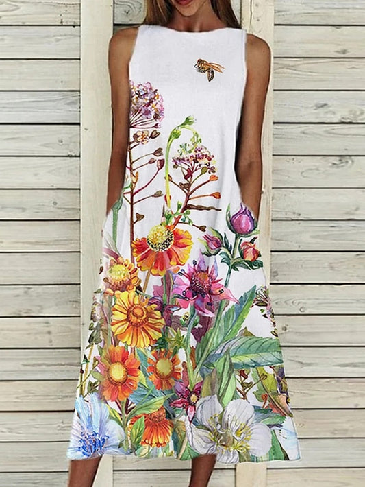 A Line Dress Midi Dress Sleeveless Floral Pocket Cold Shoulder Print Spring Summer Round Neck Casual Vintage Going out  S M L XL XXL Cotton for Women
