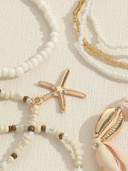 Bohemian Seaside Shell and Starfish Beaded Bracelet Set