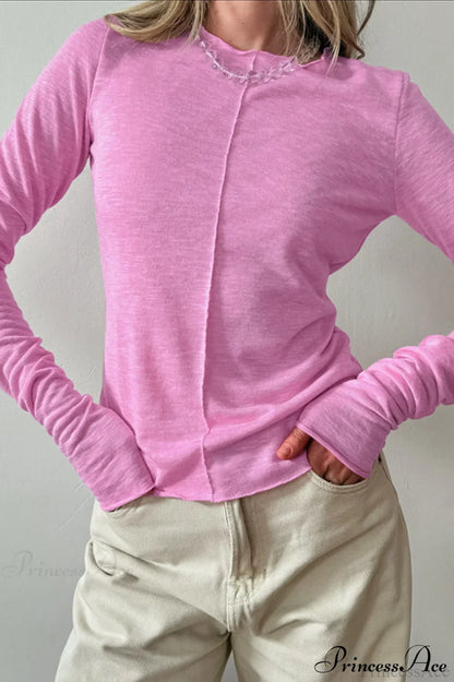 White Crew Neck Knit Panel Long Sleeve Tee