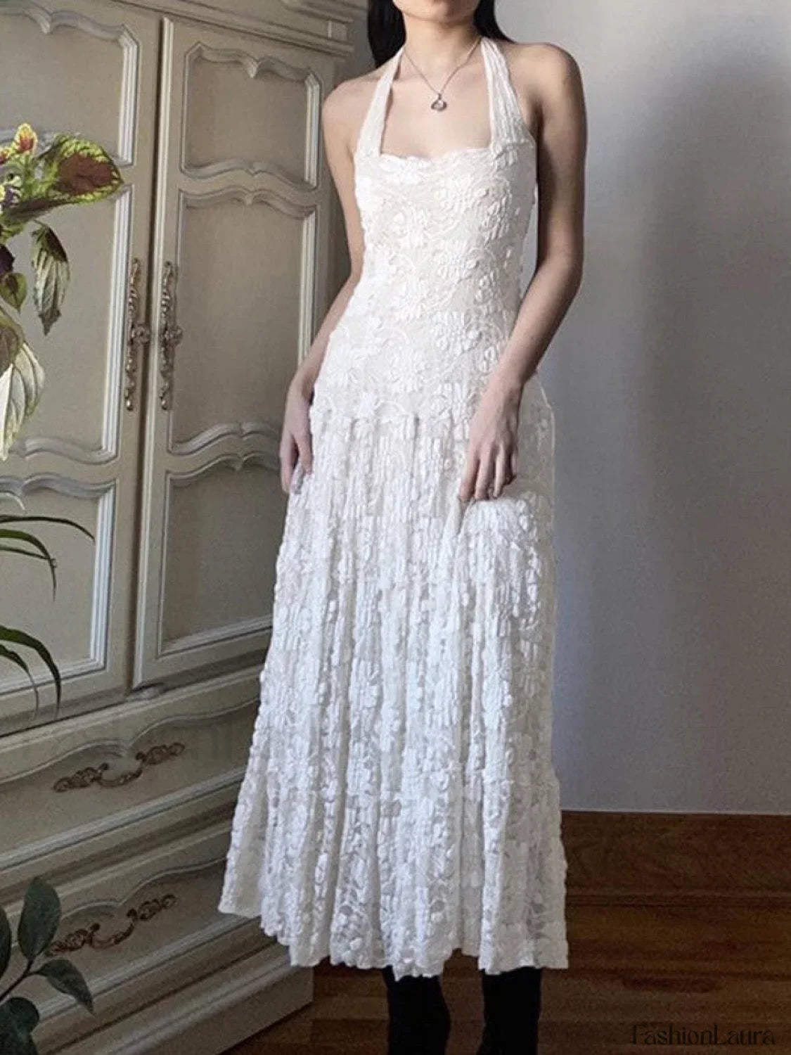 White Floral Lace Halter Maxi Dress