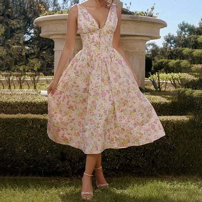 White Floral V-Neck Midi Dress
