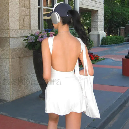 White Sexy Backless Sleeveless Bodycon 2024 Fashion Solid Basic O-neck Slim Party Casual Clothing Mini Dress