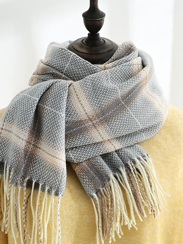 Winter New Plaid Scarves Knit Mix Color Long Tassel Shawl Wraps  Ponchos Cape Scarves Thicken Warm Soft Female Scarf for Women