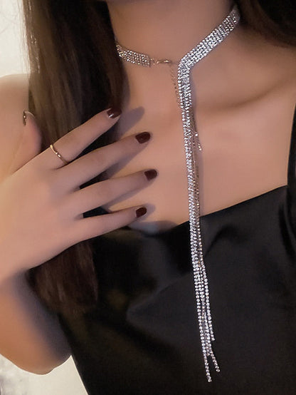 1PC Necklace Women Crystal Jewelry Set Rhinestone Layered Choker Necklaces Long Tassel Necklaces Crystal Bracelet Cuff Bangles Diamond Tassel Dangle Earrings for Women