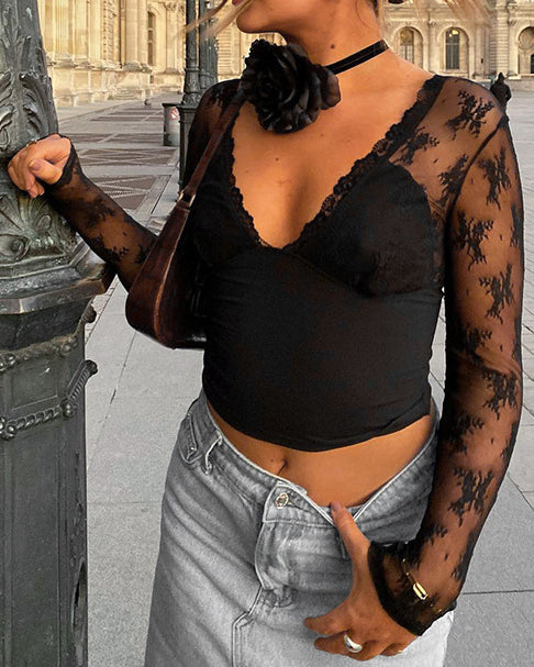 Solid Color Sexy Stitching Lace T-Shirt