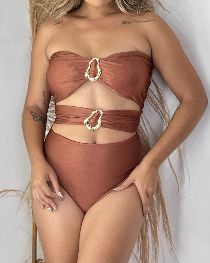 Metallic Embellished One Piece Swimsuit Bikini Set