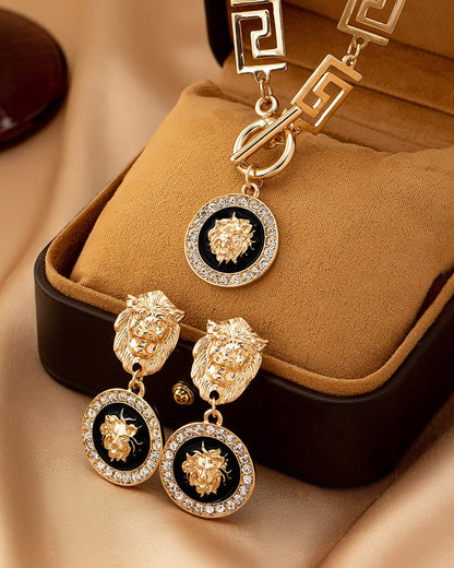 Vintage Lion Head Necklace Earring Set