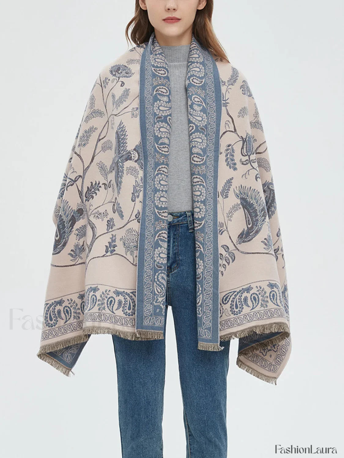 Winter Warm Toile Trendy De Jouy Tassel Scarf