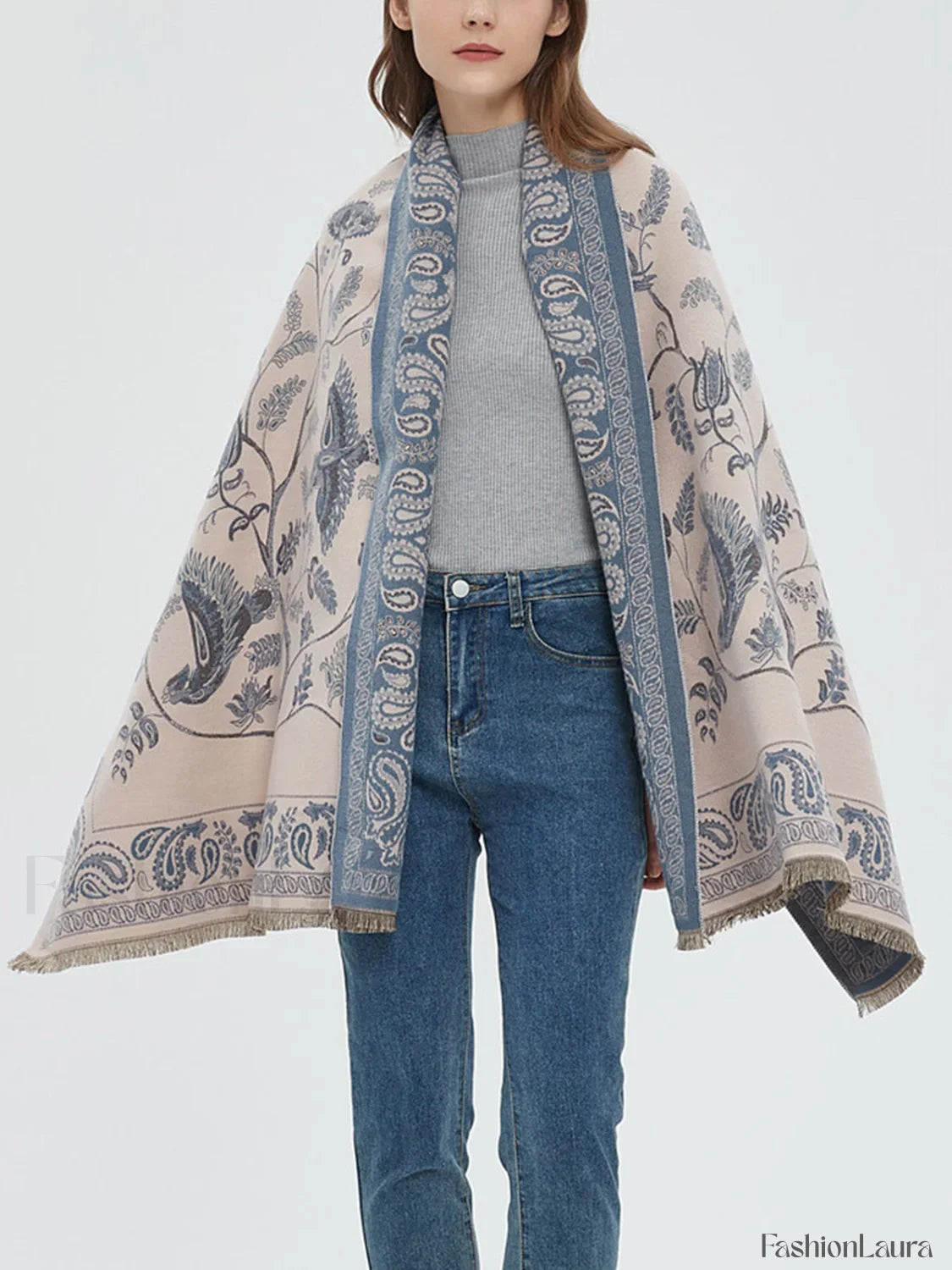 Winter Warm Toile Trendy De Jouy Tassel Scarf