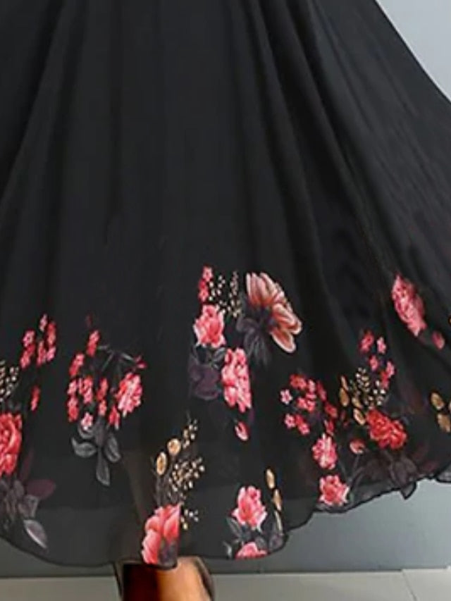 A Line Dress Maxi long Dress Black Short Sleeve Floral Ruched Print Spring Summer Crew Neck Elegant Vacation  3XL for Women