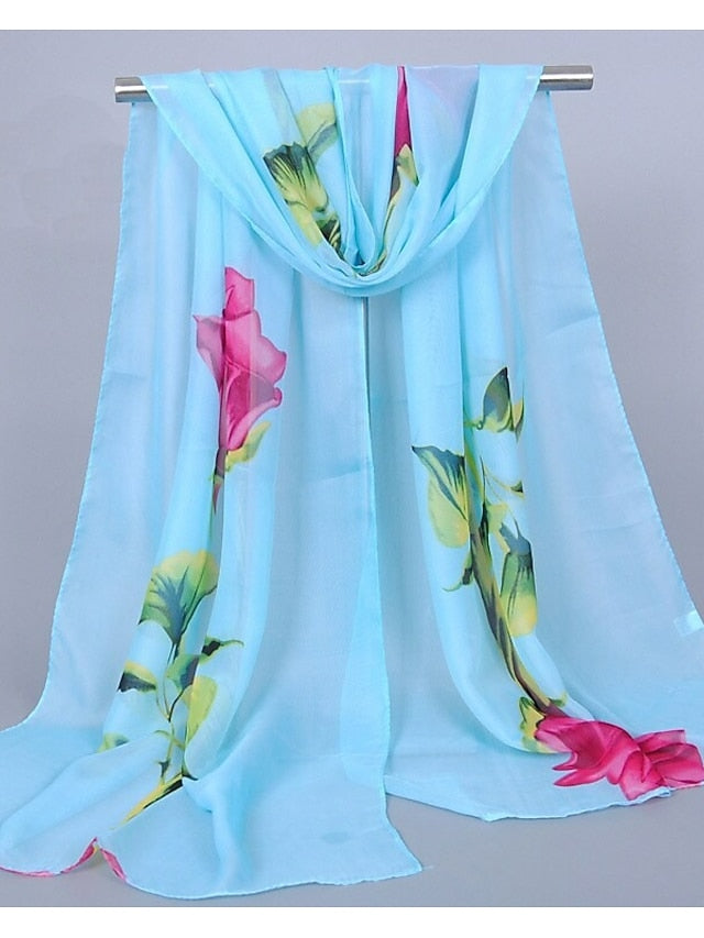 Chiffon Scarf Wedding Black Scarf Floral Pink Fall Spring Print Polyester for Women