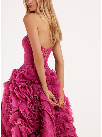 A-Line Prom Dresses Floral Dress Masquerade Ankle Length Sleeveless Strapless Tulle Backless with Floral 2023