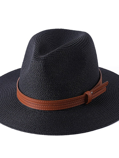 1pcs New Panama Soft Shaped Straw Hat Summer Women/Men Wide Brim Beach Sun Cap Uv Protection Fedora Hat Head Circumference 56-58cm for Women