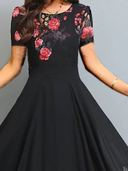 A Line Dress Maxi long Dress Black Short Sleeve Floral Ruched Print Spring Summer Crew Neck Elegant Vacation  3XL for Women