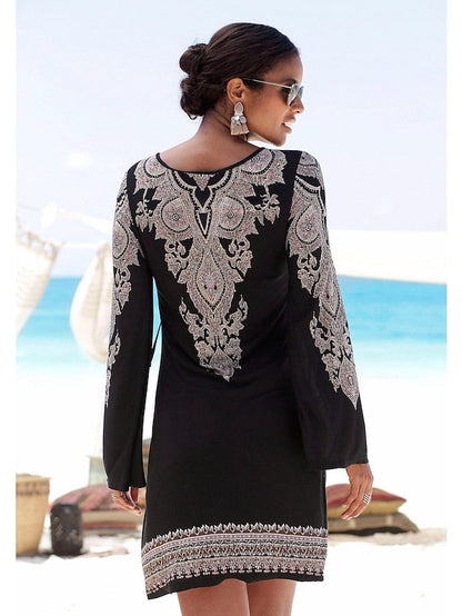 A Line Dress Knee Length Dress Black Long Sleeve Print Lace up Summer Spring V Neck Elegant Winter Dress Fall Dress Slim  M L XL XXL for Women