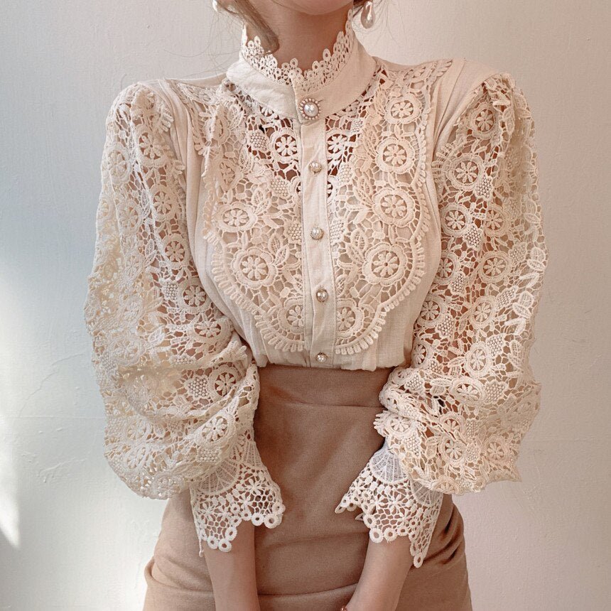 Blusa elegante de encaje con mangas abullonadas y botones para mujer | Ideal para primavera/verano