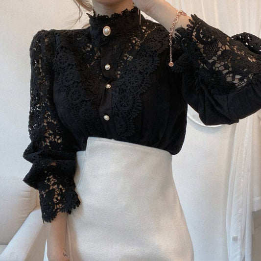 Blusa elegante de encaje con mangas abullonadas y botones para mujer | Ideal para primavera/verano