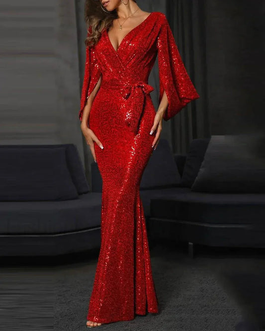 Women 2024 new Mermaid Trumpet Red Sexy Sequin Evening With Long Sleeves Custom made holiday long Prom Dress