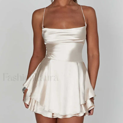 Women Satin Spaghetti Strap Lace-up Sexy A-Line Dress