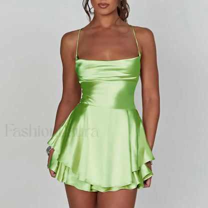 Women Satin Spaghetti Strap Lace-up Sexy A-Line Dress