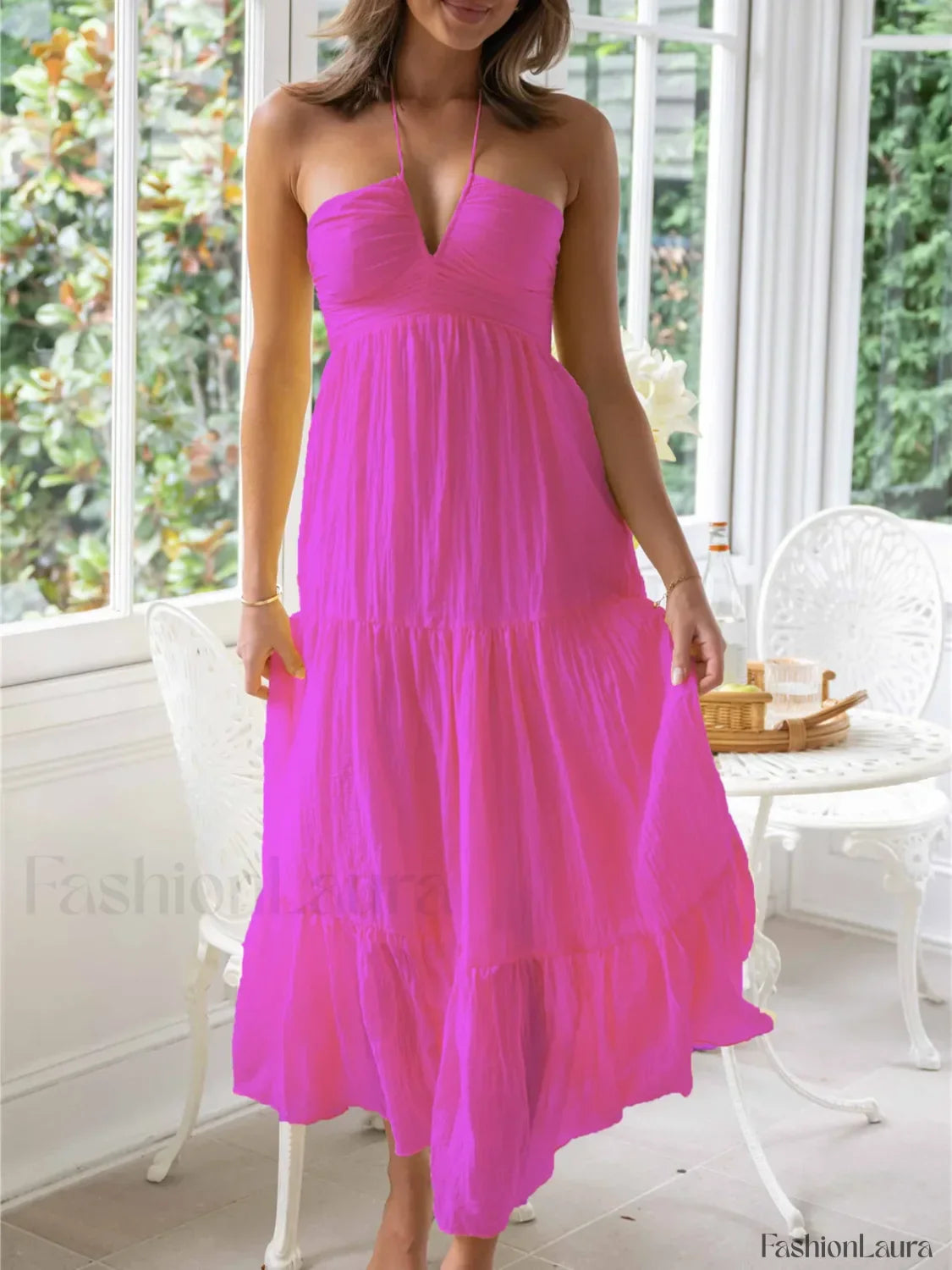 Women Solid Tie-Up Halter Neck Backless Casual Beach A-Line Dress