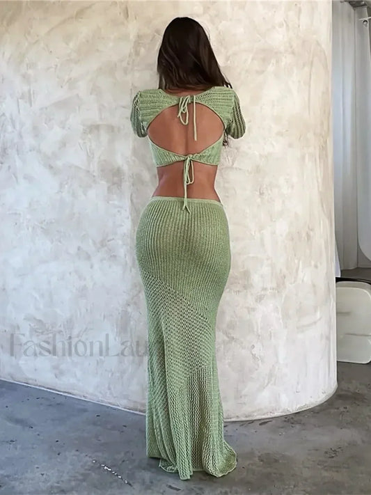 Women's Crochet Knit 2 Piece Skirt Set Hollow Out Crop Top Long Sleeve Backless Tie Up Club Bodycon Outfits Lace Dress