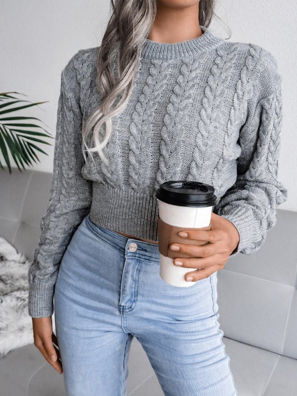 Jersey corto de punto trenzado con cuello redondo para mujer | Ideal para otoño/invierno