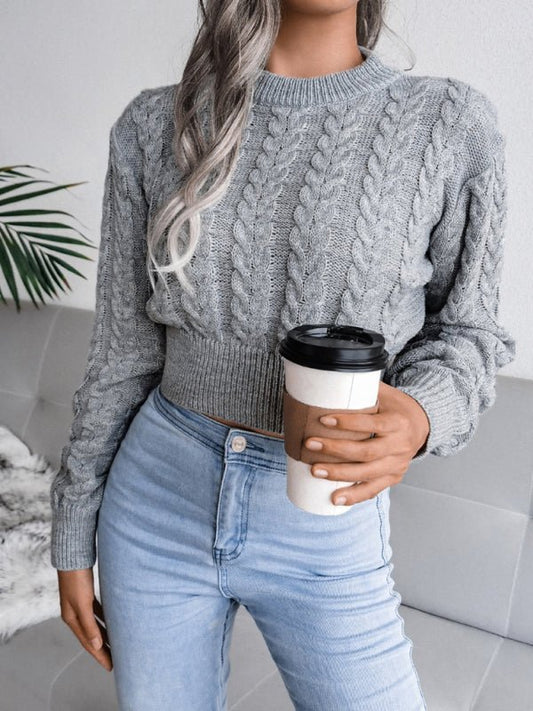 Jersey corto de punto trenzado con cuello redondo para mujer | Ideal para otoño/invierno