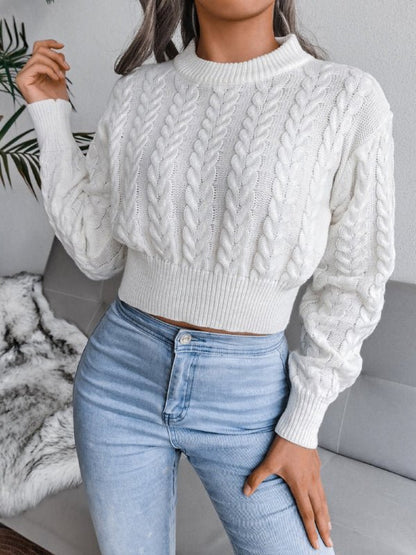 Jersey corto de punto trenzado con cuello redondo para mujer | Ideal para otoño/invierno
