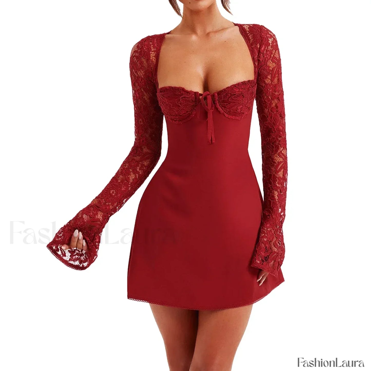 Womens Elegant Lace Patchwork Long Sleeve Square Neck High Waist Backless Tie Up Slim Fit A-line Lace Dress