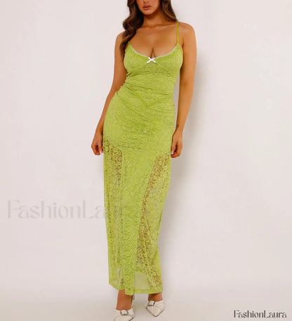 Women's Green Lace Maxi Spaghetti Strap Solid Color Bodycon Long Elegant Party Club Lace Dress