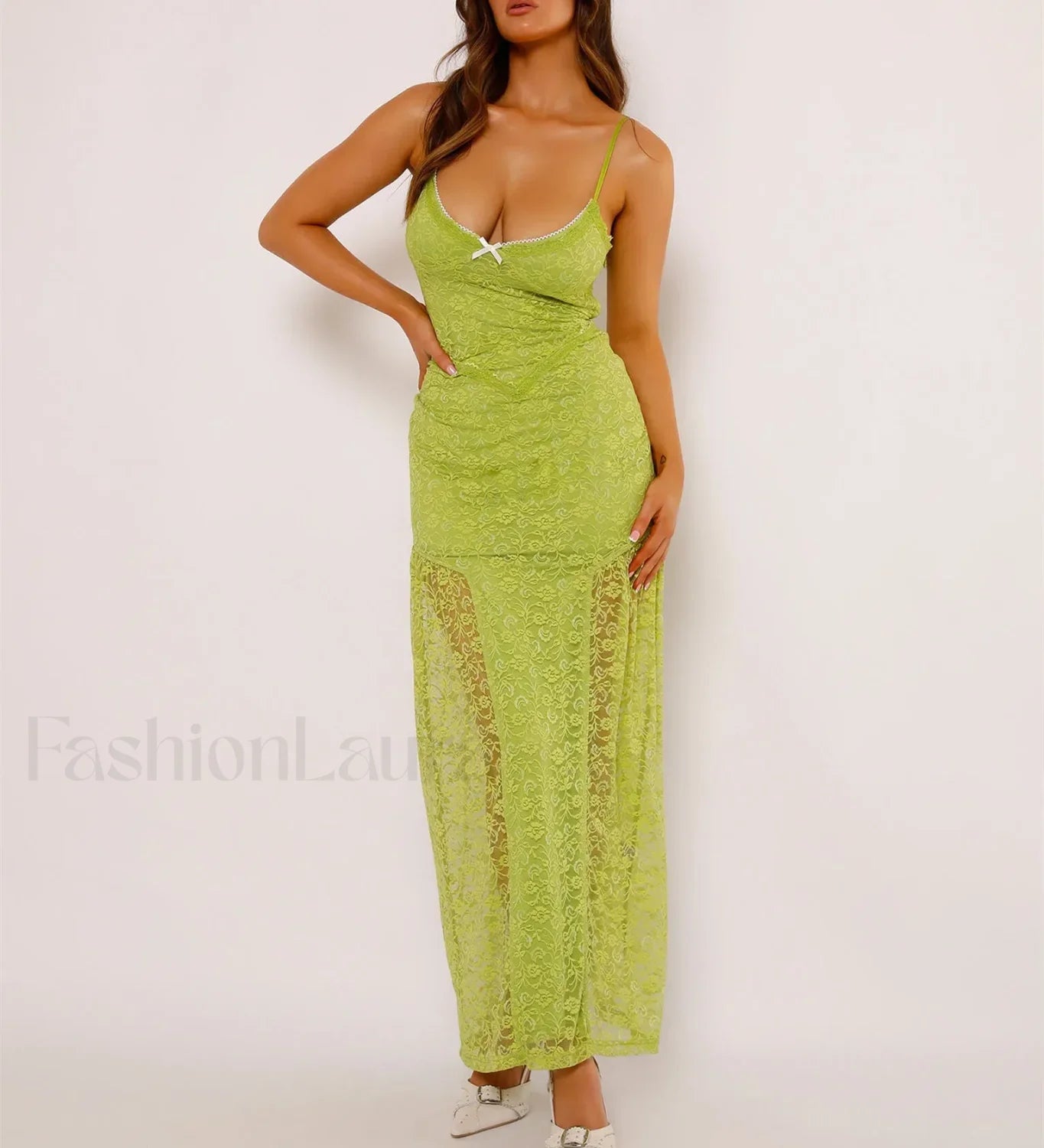 Women's Green Lace Maxi Spaghetti Strap Solid Color Bodycon Long Elegant Party Club Lace Dress