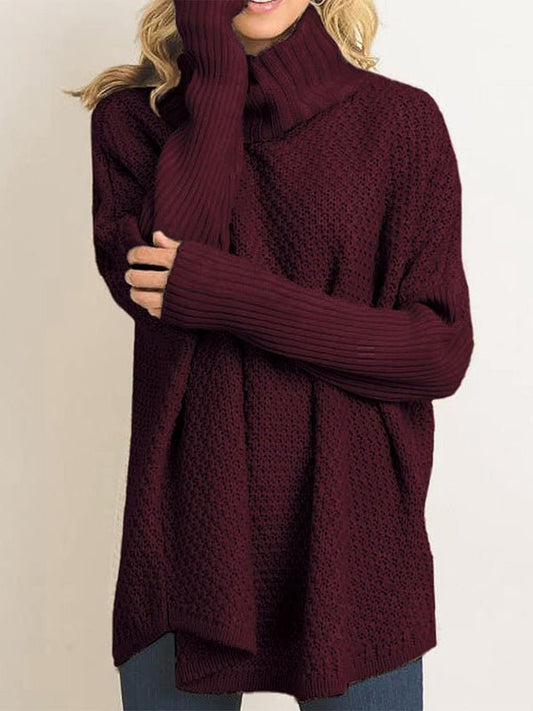 Jersey de cuello alto de punto rojo vino extragrande para mujer | Ideal para otoño/invierno