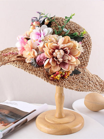Hat Straw Hat Sun Hat Pink Khaki Navy Blue Party Outdoor Dailywear Floral Floral Portable Windproof Comfort for Women