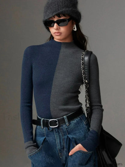 Wool-Blend Two Tone Skinny Knit Top