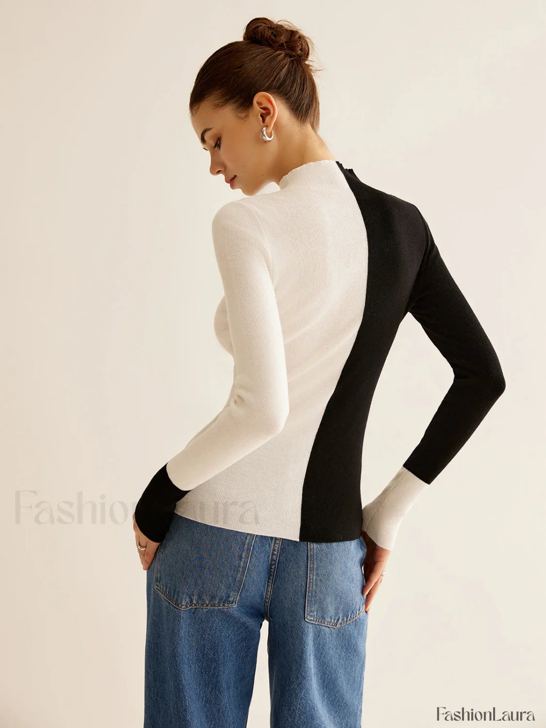 Wool-Blend Two Tone Skinny Knit Top
