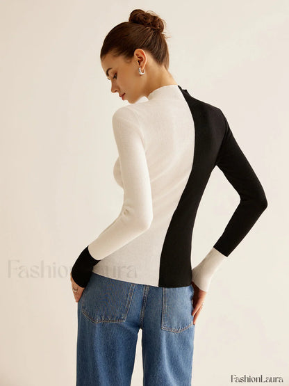 Wool-Blend Two Tone Skinny Knit Top