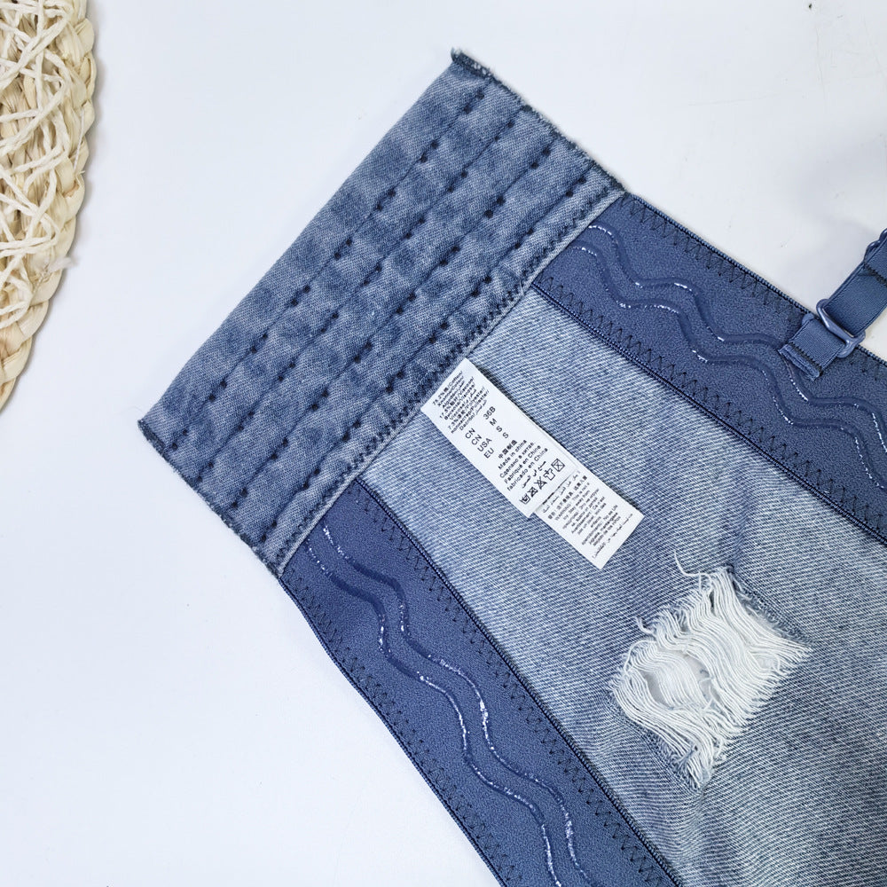 Distressed Denim Embellished Diamond Beaded Fringed Back Bandeau