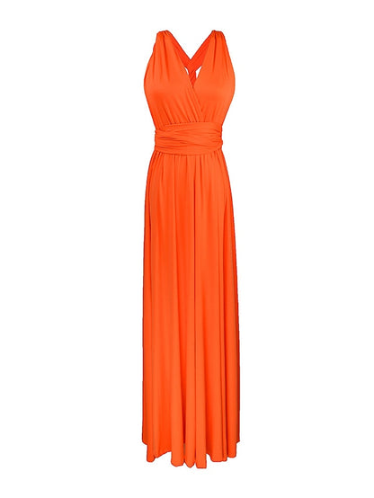 A-Line Bridesmaid Dress Halter / V Neck Sleeveless Convertible Floor Length Spandex with Sash / Ribbon / Pleats 2022